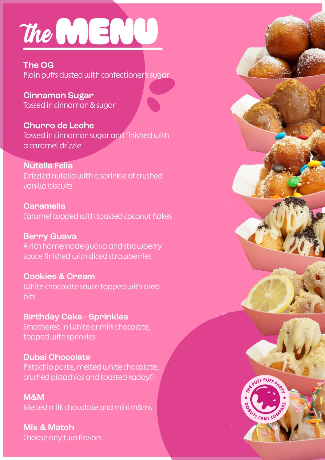 The Puff Puff Party menu — boxes of 50 fresh-fried West African puff puffs with your choice of flavors